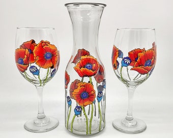 California Poppy Flower Hand Painted Wine Glass in Stemmed or Stemless or Carafe or Decanter with Cork Topper