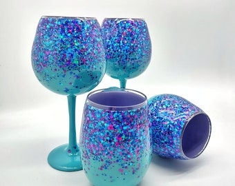 Turquoise Glitter Wine Glasses in Stemmed or Stemless with Purple Lavender Accents