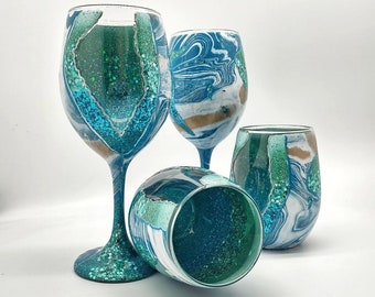 Turquoise Geode Agate Wine Glass Hand Painted in Stemmed or Stemless with Gold Accents and Glitter