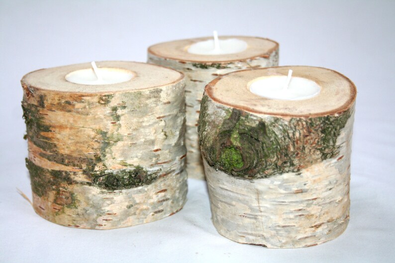Rustic birch wood tea light holders set of three Etsy