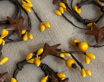 Yellow Pip Berry Candle Ring, Rustic Star Mini Wreath 1"  SOLD INDIVIDUALLY
