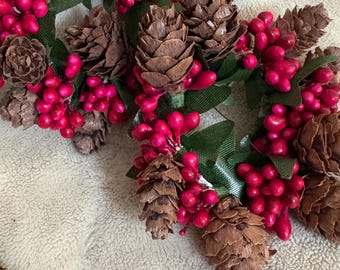 Dark Pink and pine cones Candle Ring, Pip Berry, Mini Wreath 1.15"  SOLD INDIVIDUALLY