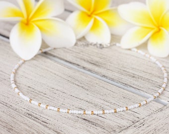 White and Gold Choker Necklace - Australian Made Necklace for Women - Valentines day gift - Boho Beaded beachy Surfer necklace