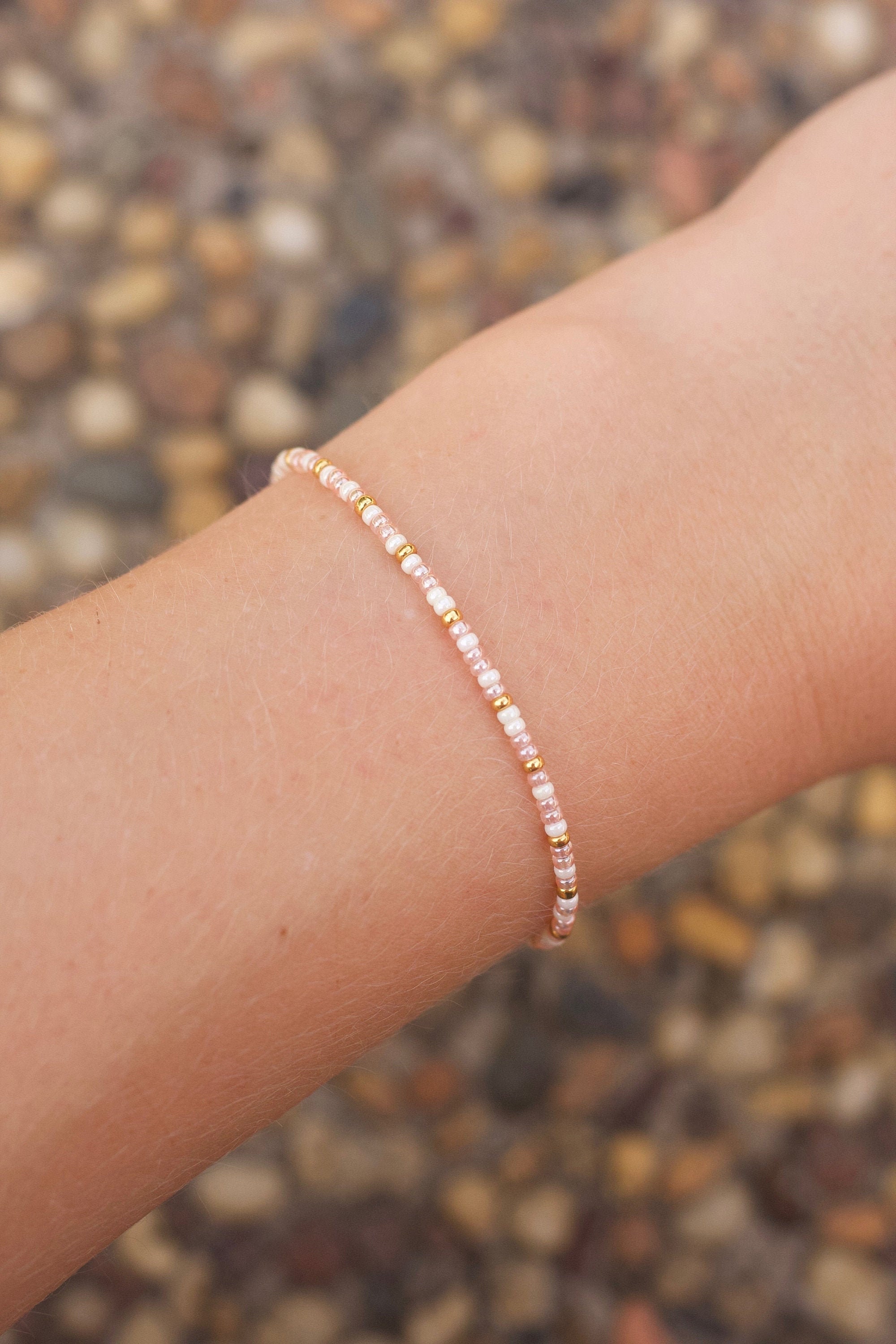 White Gold and Pink Beaded Bracelet Australian Made Seed Bead Bracelet Friendship Bracelet for