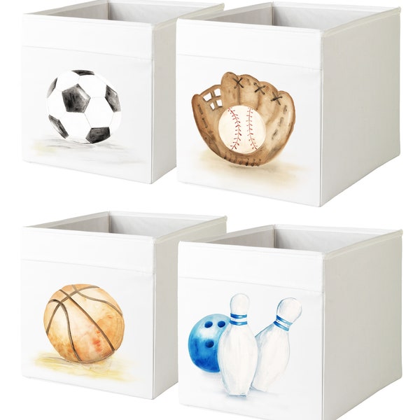 Boîte blanche de rangement Drona Ikea personnalisée Expedit/Insertion Kallax sur le thème sport pour chambre de garçon : football, base-ball, basket-ball, bowling
