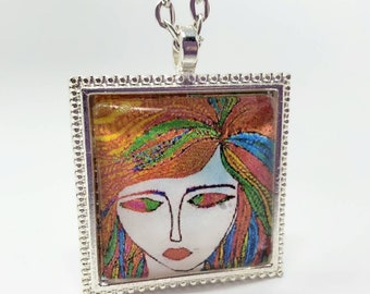 Face necklace, Jewelry necklace rainbow, Pretty necklace for woman, Jewelry gift necklace, Square pendant necklace silver, Woman unique gift