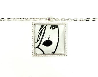 Black and white face necklace, Face gifts, Pendant necklace square, Woman face, Necklace gift for her, Everyday wear necklace, Face jewelry