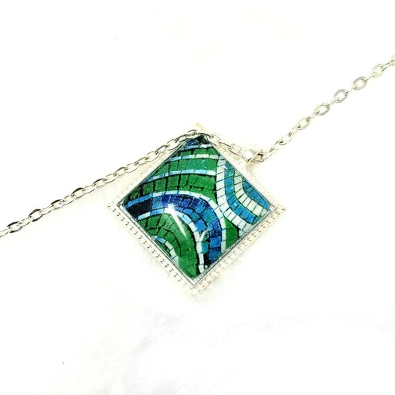 Pretty Unique Jewelry Blue Green Mosaic Mosaic Necklace Blue