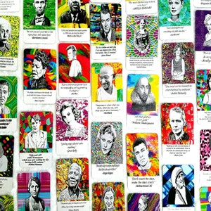 May include: A collection of colorful cards featuring portraits of famous figures like Abraham Lincoln, Amelia Earhart, and Muhammad Ali. Each card includes a quote attributed to the person depicted. The cards have a vibrant, artistic style.