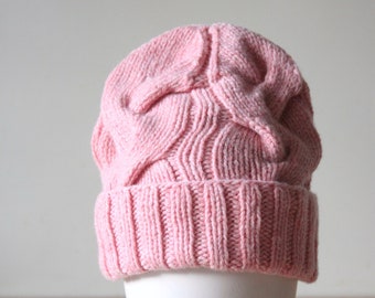 Pink hand knit merino cashmere beanie, Cable knit hat, Knit accessories