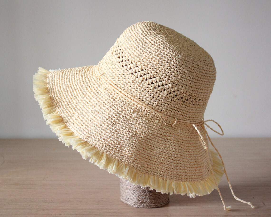 Fringe trimmed crochet raffia sun hat Packable adjustable Etsy