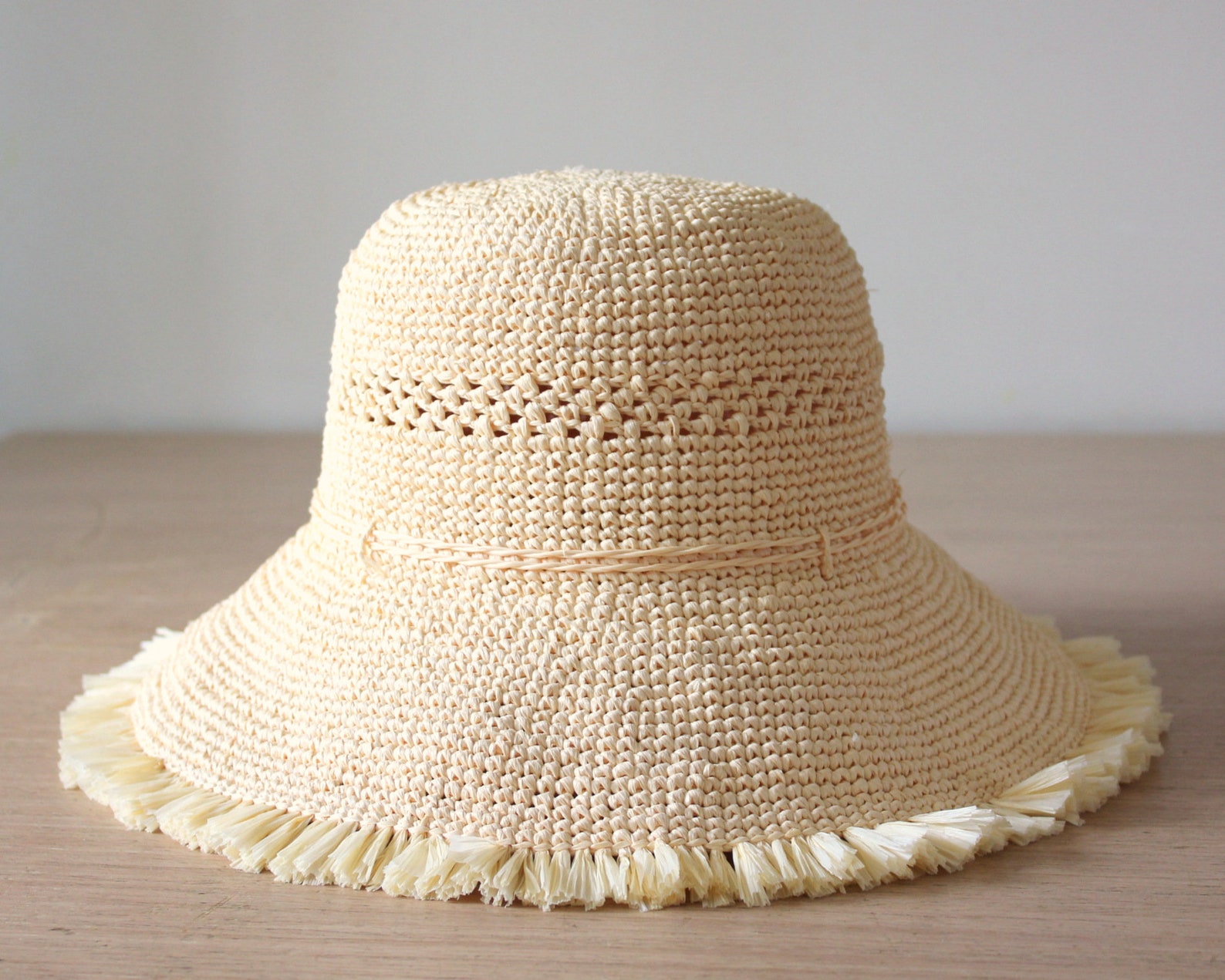 Fringe trimmed crochet raffia sun hat Packable adjustable Etsy