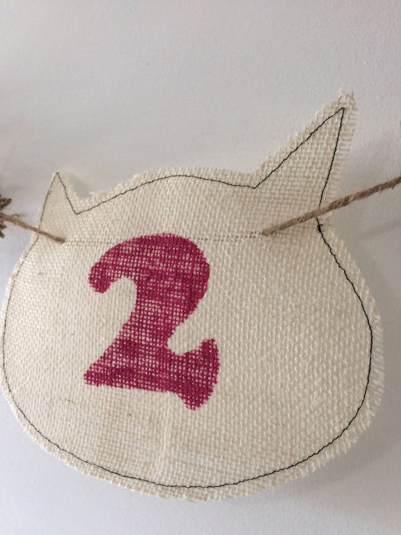 year old with cat flag and jumbo jute pom poms or 1 Birthday Banner for 2