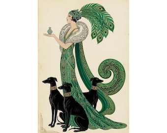Puede incluir: Impresión Art Déco vintage. Una mujer con un vestido verde y un tocado de plumas de pavo real sostiene una pequeña botella. Tres perros negros con collares dorados están a sus pies. La obra de arte tiene un fondo crema.