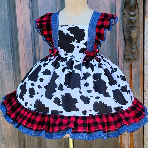 Cow print dress, Cow theme party dress, Girls Cow Dress, Girls Farm Outfit , summer farm outfit, farm theme birthday outfit