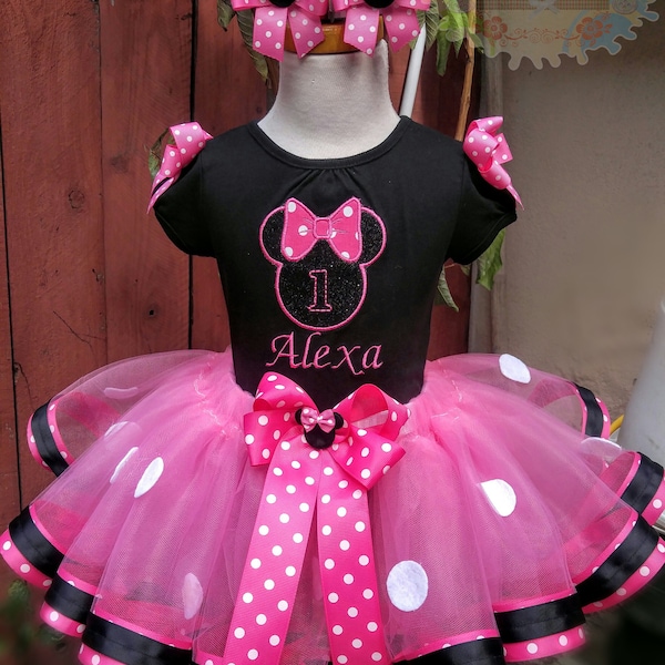 Traje personalizado de tutú de cumpleaños de Minnie Mouse con lazo para el cabello a juego