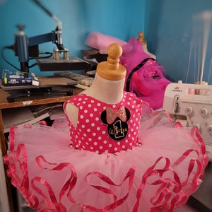 Ribbon trim Minnie Mouse embroidered birthday dress with a bloomers included - tutu dress - hot pink polka dot Minnie inspired dress.
