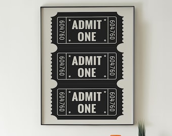 Black Admit One Ticket Digital Art Print Vintage Ticket Poster Fun Art Print Retro Decor Ticket Wall Art Dorm Art Digital Download 1 Print