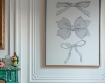 Big Bows Coquette Digital Art Print Girlie Poster Cute Bow Coquette Print Feminine Decor Grey Wall Art Dorm Art Bedroom Art Digital Download