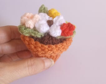 Mini Potted Flowers Knitted Stuffed Ornament - Plant Gift Idea - Desktop Ornament - Stocking Stuffer - Unique Ornament - Botanical Ornament