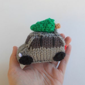 Mini Minivan with Christmas Tree Knitted Soft Toy - Van Ornament - Christmas Decor - Stocking Stuffer - Car with Xmas Tree - Unique Ornament