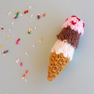 Miniature Triple Decker Ice Cream Cone Knitted Stuffed Ornament Kids Room Decor Stocking Stuffer Hanging Ornament Ice Cream Gift image 1