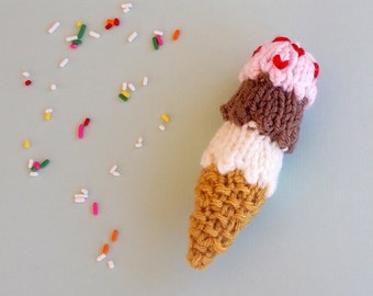 Miniature Triple Decker Ice Cream Cone Knitted Stuffed Ornament - Kids Room Decor - Stocking Stuffer - Hanging Ornament - Ice Cream Gift