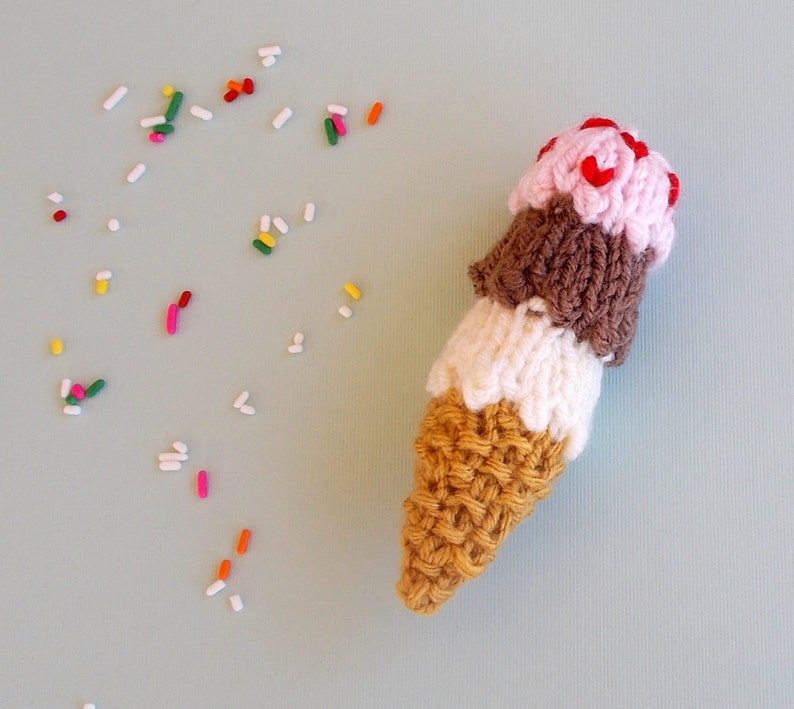 Miniature Triple Decker Ice Cream Cone Knitted Stuffed Ornament Kids Room Decor Stocking Stuffer Hanging Ornament Ice Cream Gift image 1