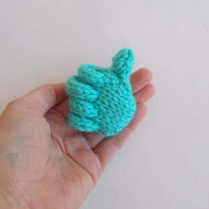 May include: A turquoise knitted hand shaped like a thumbs up gesture.