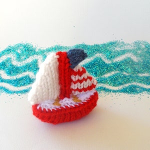 Miniature Sailboat Knitted Stuffed Ornament - Nautical Decor - Kids Room Decor - Christmas Ornament - Stocking Stuffer - Sailboat Toy