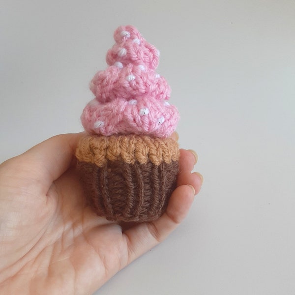 Mini Pink Frosted Cupcake Knitted Stuffed Ornament - Food Gift Idea - Miniature Cupcake - Stocking Stuffer - Food Ornament - Birthday Gift