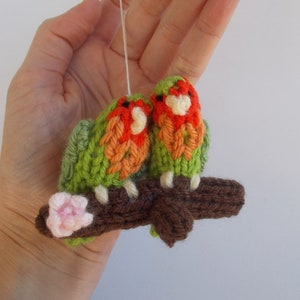 Mini Perched Lovebirds Knitted Soft Ornament - Unique Valentines Day Gift - Cute Ornament - Romantic Gift - Knitted Birds - Mobile Supply