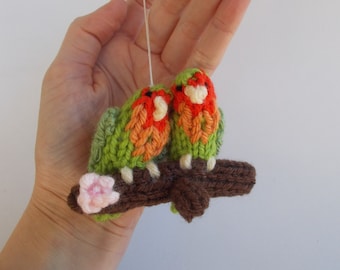 Mini Perched Lovebirds Knitted Soft Ornament - Unique Valentines Day Gift - Cute Ornament - Romantic Gift - Knitted Birds - Mobile Supply