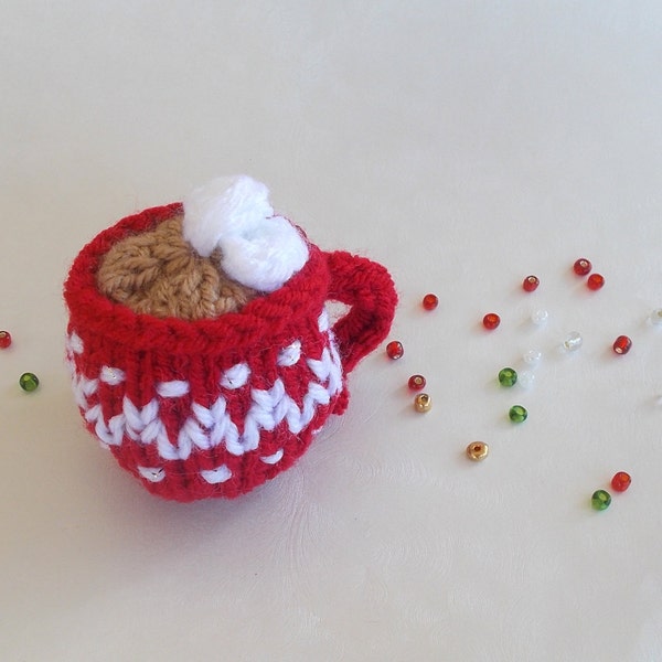 Christmas Mini Hot Cocoa Mug Knitted Soft Ornament - Kids Room Decor - Play Food - Knitted Stuffed Toy - Stocking Stuffer - Food Ornament