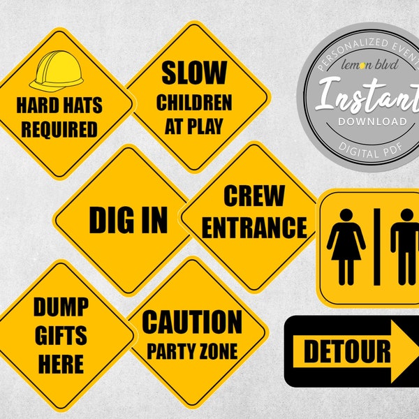 Construction Party Signs | Construction Instant Digital Download | Editable Text | Construction Road Signs | Construction Party