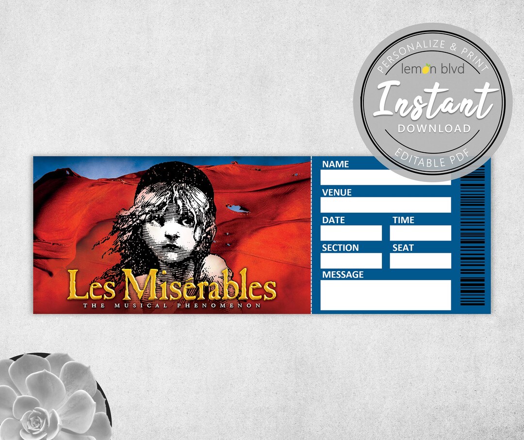Les Miserables Ticket Printable Surprise Gift Reveal Broadway Musical ...
