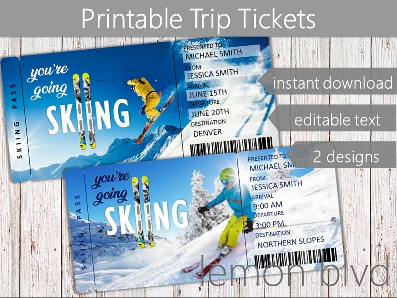 Surprise Skiing Trip Tickets Ski Ticket Download Editable | Etsy