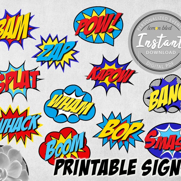 Superhero Signs | Superhero Boy Party Printables | Instant Digital Download | Super Hero Party Pack | Party Decorations | Comic Action Word