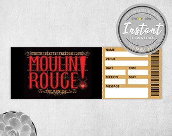 Moulin Rouge Ticket | Printable Surprise Gift Reveal | Broadway Musical Theatre Souvenir | Editable PDF Instant Digital Download Template