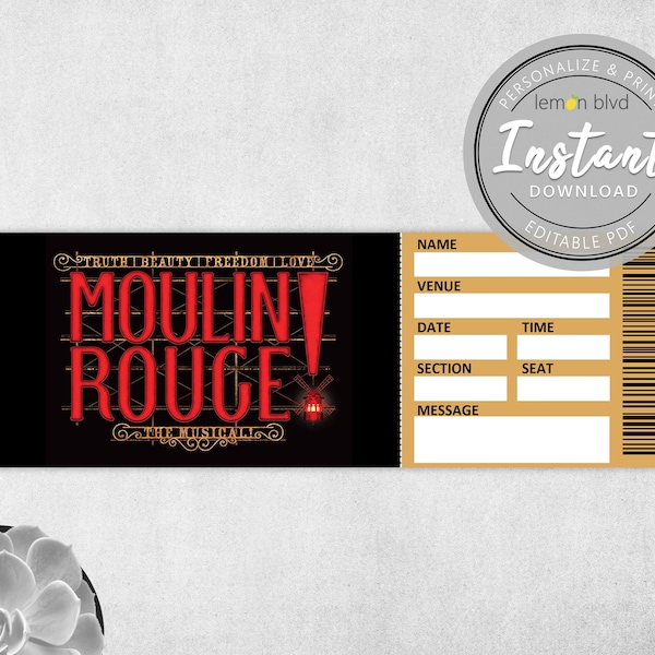 Moulin Rouge Ticket | Printable Surprise Gift Reveal | Broadway Musical Theatre Souvenir | Editable PDF Instant Digital Download Template