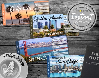 Surprise California Trip Ticket | Los Angeles, San Diego, & San Francisco Vacation Tickets | Instant Download | Boarding Pass