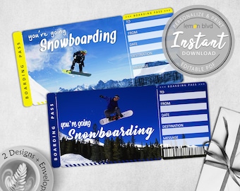 Surprise Snowboarding Trip Tickets | Ticket Download | Editable Text | Surprise Snowboarding Vacation Boarding Pass | Printable Ticket