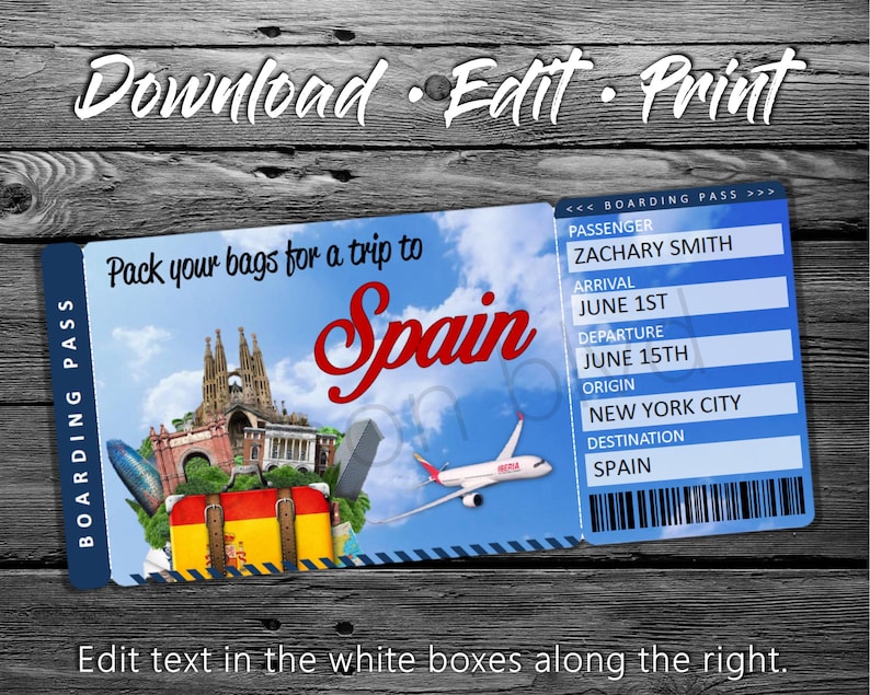 Surprise Spain Trip Ticket Vacation Tickets Instant Download Etsy
