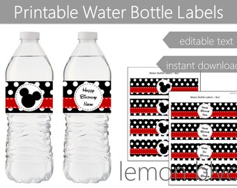 Mickey Mouse Party Bottle Labels | Mickey Instant Digital Download | Editable Text | Mickey Black Polka Dots Party Water Bottle Labels