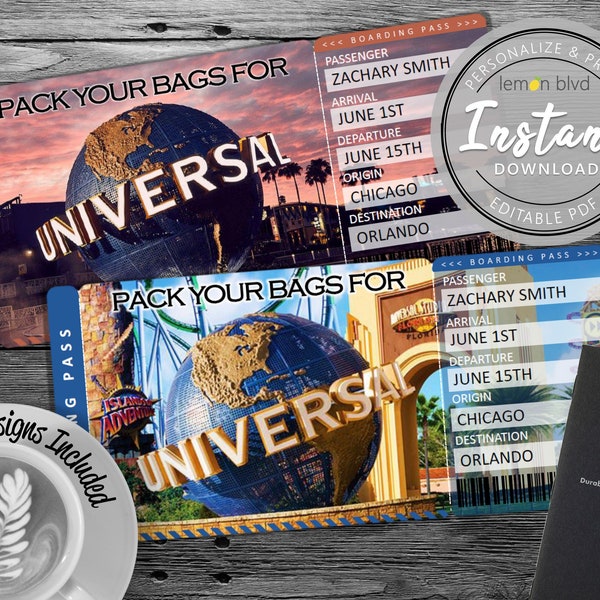 Surprise Universal-reisticket | Vakantietickets direct downloaden | Instapkaart | Afdrukbare reisticketverrassing | Universele studio's