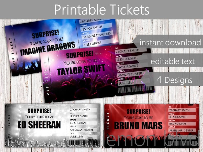concert tickets printable concert ticket digital download