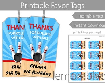 Bowling Party Favor Tags | Instant Digital Download | Bowling Thank You Tags | Bowling Party Tags | Party Favor Tags | Blue Bowling Party