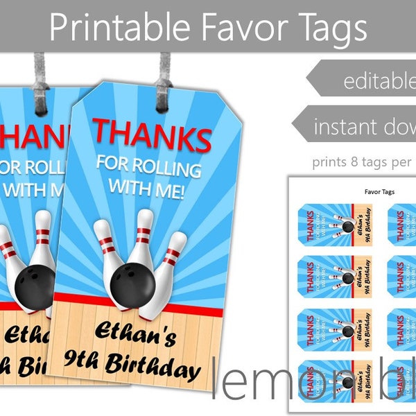 Bowling Party Favor Tags | Instant Digital Download | Bowling Thank You Tags | Bowling Party Tags | Party Favor Tags | Blue Bowling Party