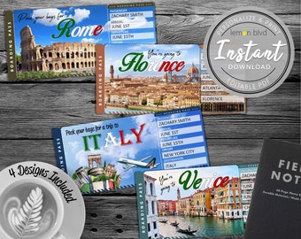 May include: Four boarding pass designs featuring iconic Italian landmarks and cities: Rome, Florence, Italy, and Venice. Each pass includes the text "Pack your bags for" or "You're going to" followed by the destination. The passes are labeled "Boarding Pass" and include the text "Instant Download".