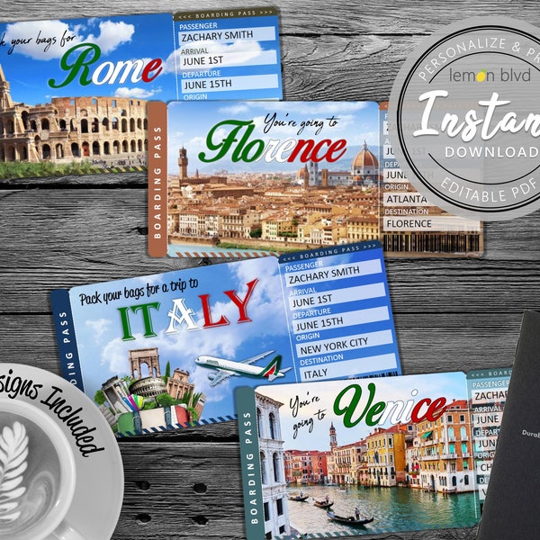 Surprise Italy Trip Ticket | Vacation Tickets Instant Download | Boarding Pass | Printable Trip Ticket Surprise | Trip to Italy Ticket